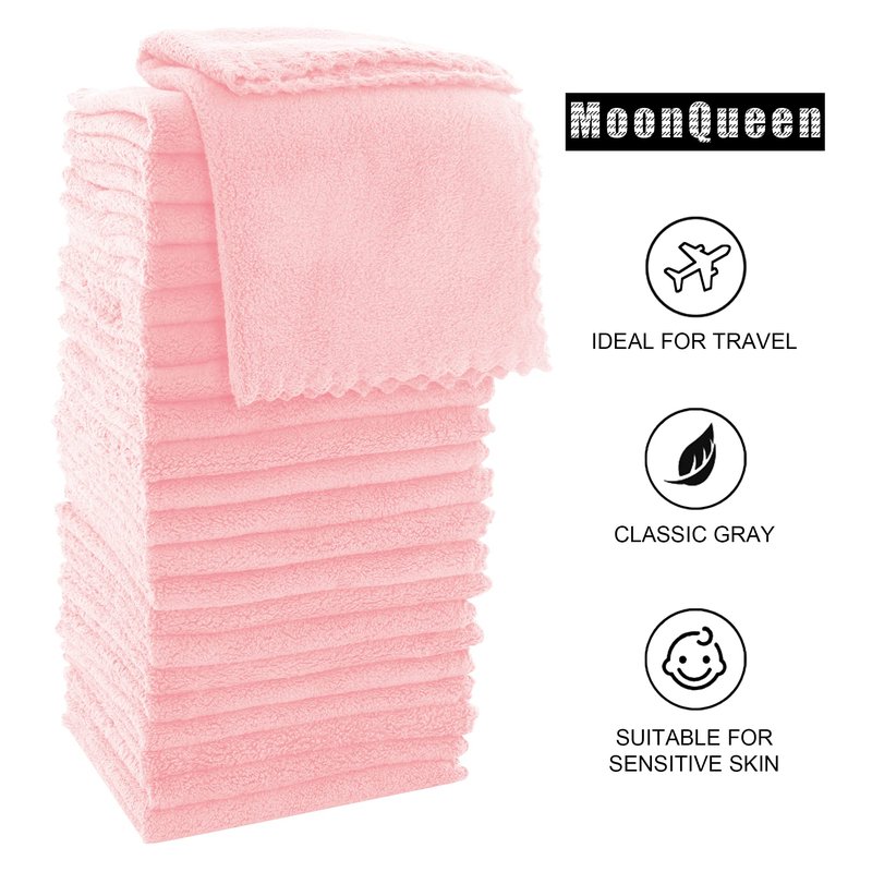MOONQUEEN Ultra Soft Premium Washcloths Set - 12 x 12 inches - 24 Pack - Quick Drying - Highly Absorbent Coral Velvet Bathroom Wash Clothes - Use as Bath, Spa, Facial, Fingertip Towel (Pink)
