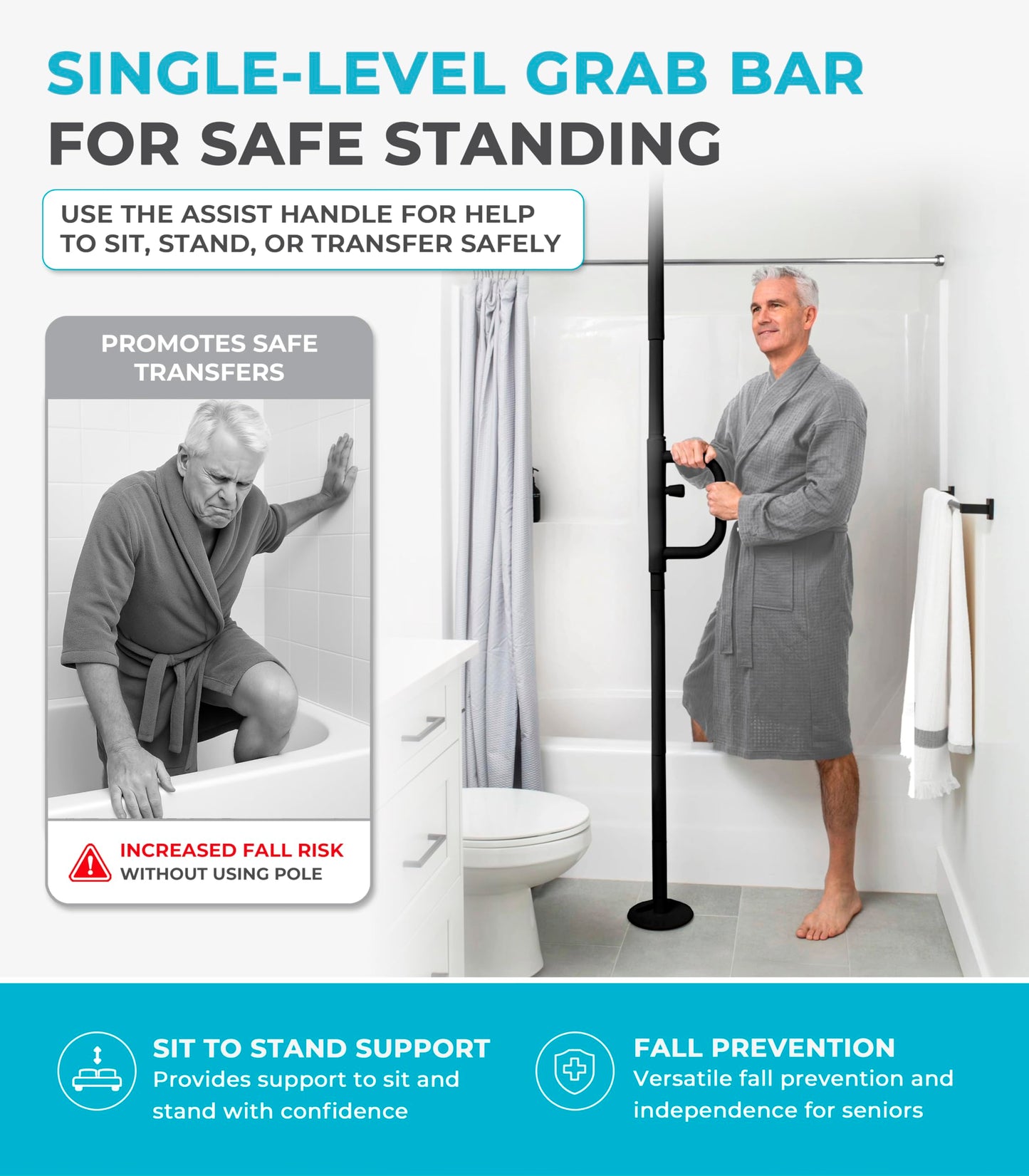 Stander Security Pole and Curve Grab Bar, Elderly Tension Mounted Floor to Ceiling Transfer Pole, Bathroom Safety Assist and Stability Rail, Metallic Black
