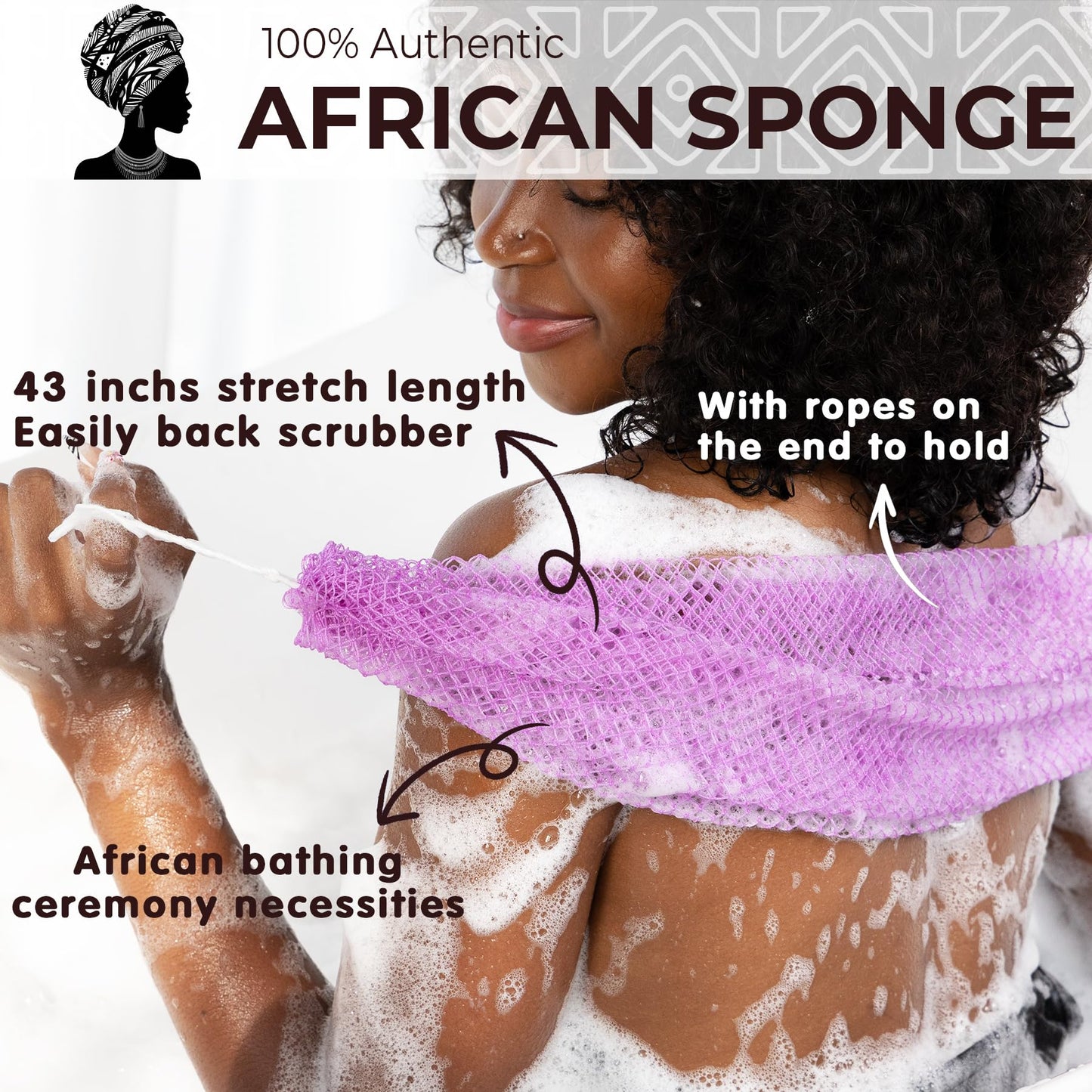 African Exfoliating Net Sponge Authentic - Real African Bath Sponge with Knots and Ropes - Back Scrubber Exfoliator Washer Cloth with Travel Bag - Body Shower Essentials for Daily Use