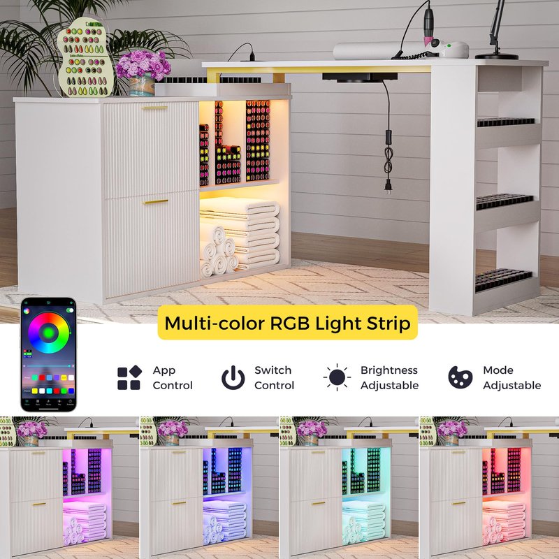 Manicure Table with LED Light, L-Shaped Nail Tech Table w/ Dust Collector & Power Outlets, Corner Nail Station Length Adjustable Nail Desk w/ Sliding Cabinet Door for Home Spa Beauty Salon, White