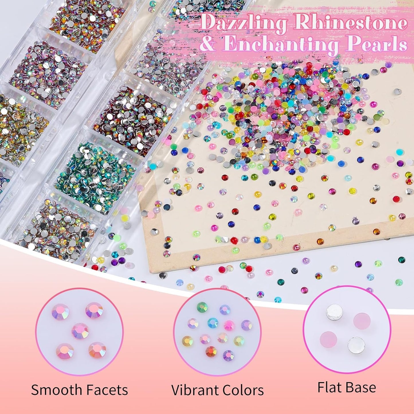 Skiennix Nail Art Rhinestones Kit - 6 Boxes of 2mm Mixed-Color Flatback Pearls with Tweezers & Brush