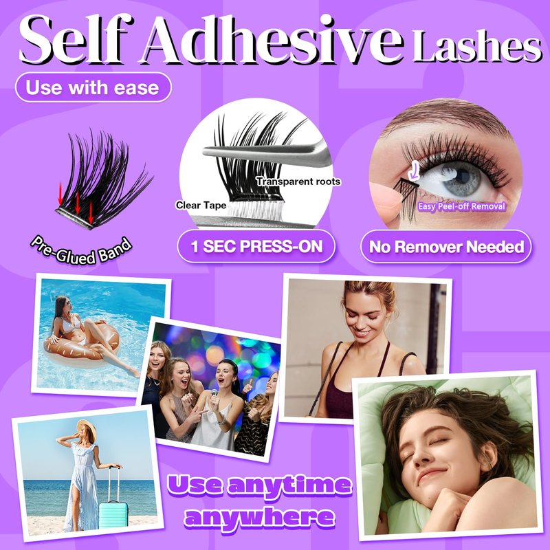 No Glue Needed Lashes, Self Adhesive Eyelashes, DIY Lash Cluster Eyelash Extensions Kit 10‑18mm,120pcs Fluffy D Curl Soft Natural Lashes with Tweezers–Fake Cat Eye Wispy Individual Clusters(NGT501)