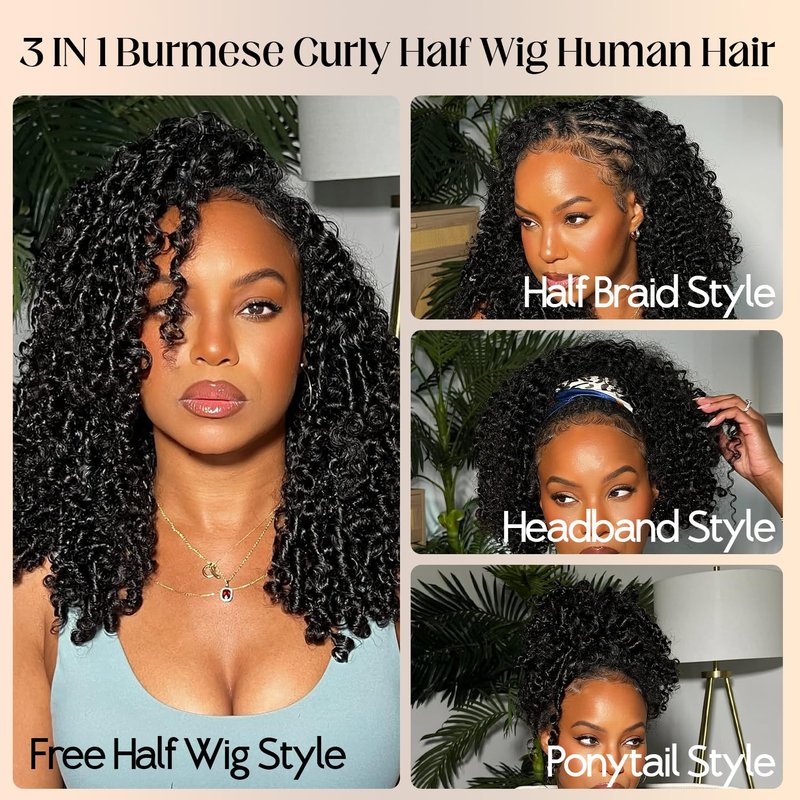 250% Density Burmese Curly Half Wig,100% Human Hair,[2-Year Life,175g],Glueless 3 In 1 Seamless Flip Over Half Wigs Human Hair for Black Women No Glue No Lace Wig with Spiral Ends 16 Inch
