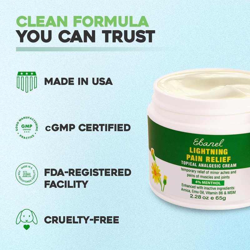 Ebanel Pain Relief Cream - Arthritis & Joint Pain Relief with Menthol, Arnica & Emu Oil | 4 oz