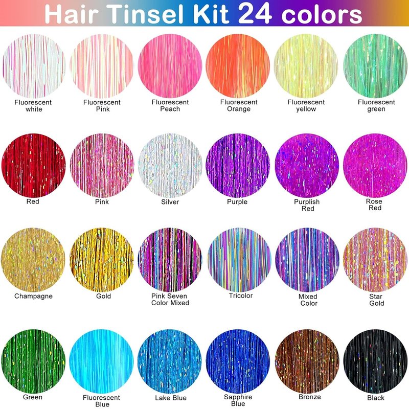 Hair Tinsel Kit (48 Inch, 24 Colors, 6000 strands), Tinsel Hair Extensions with Tools, Heat Resistant Glitter Hair Tinsel Kit for Women Hair Accessories
