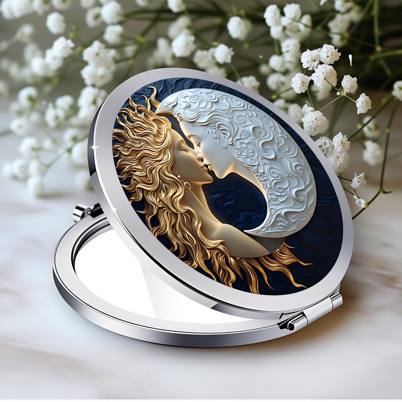 Silver Compact Mirror, 2.8x2.8inch Double-Sided Folding Makeup Mirror with Moon Goddess Face Design, Ideal Gift for Women