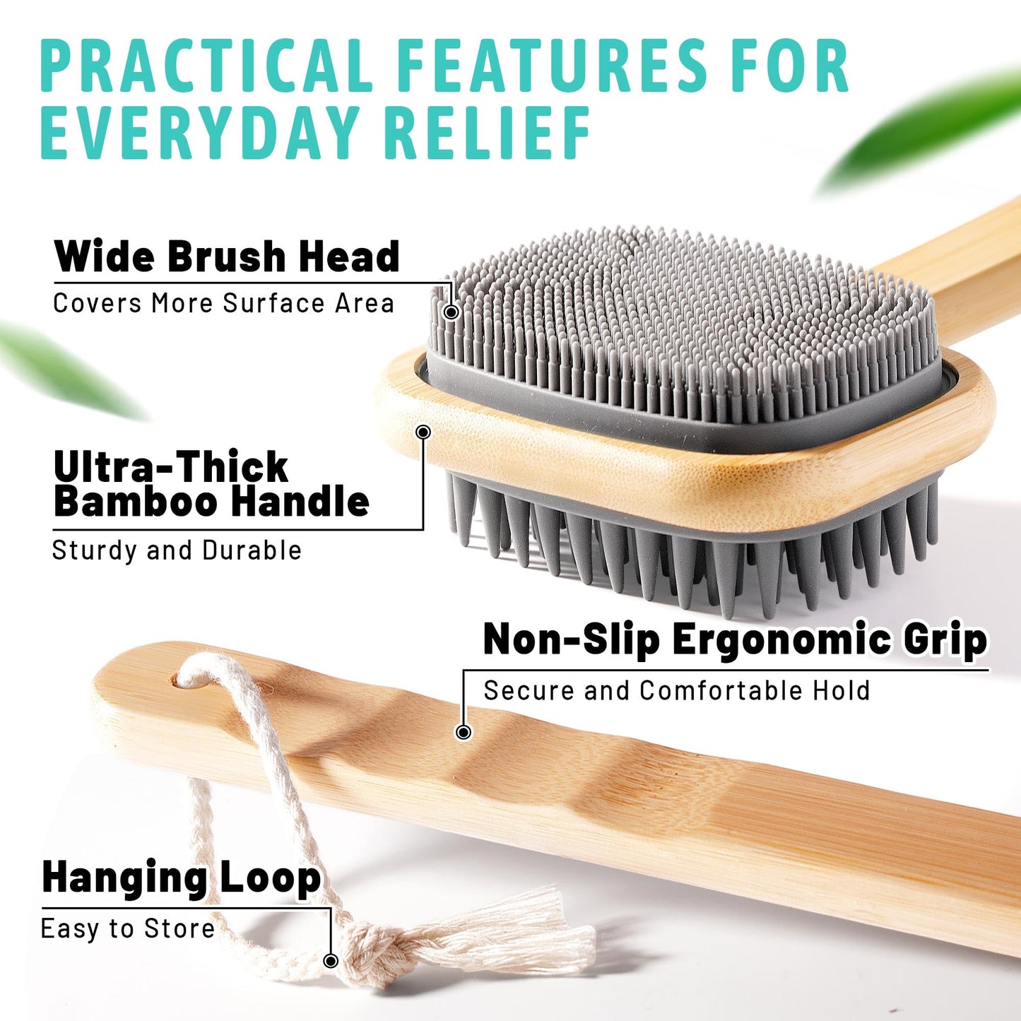 Long Handle Back Scratcher with Dual Sided Silicone Bristles, Bamboo Wood Body Brush with Hanging Loop