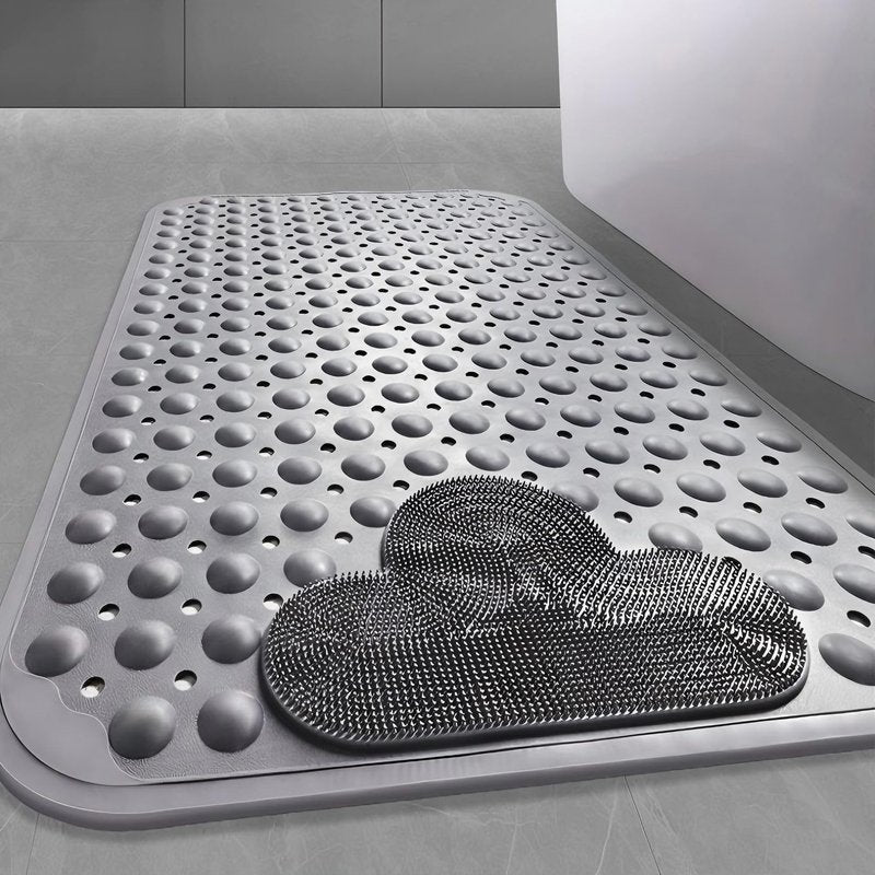 Bathtub Anti-Slip Mat Shower Mat with Suction Cups Drain Hole Foot Massage Bathroom Floor Mat 28x16 Inch (Grey)