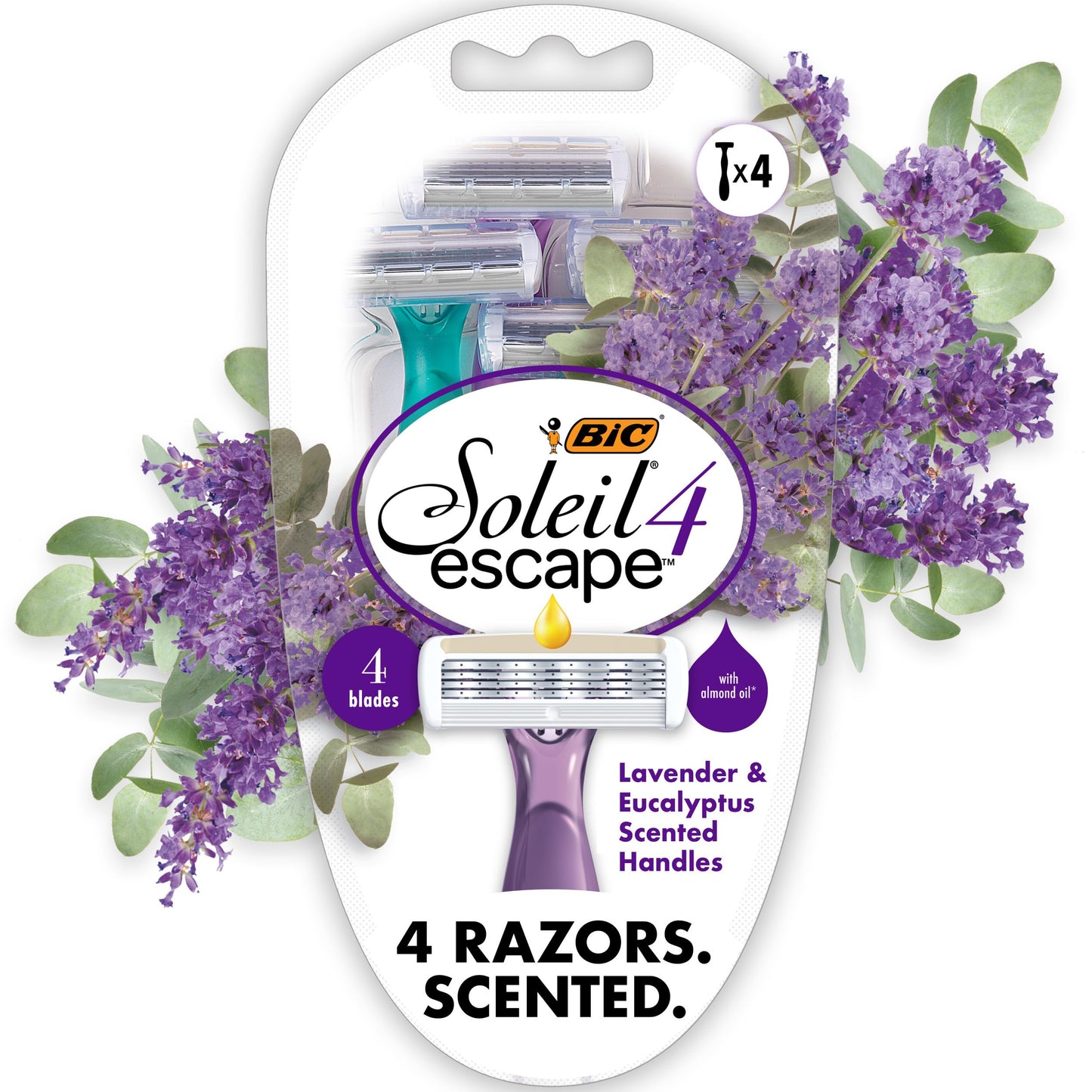 BIC Soleil 4 Escape Women's Disposable 4-Blade Razors, Lavender & Eucalyptus Scented Handles for Smooth Shaving, 4-Pack