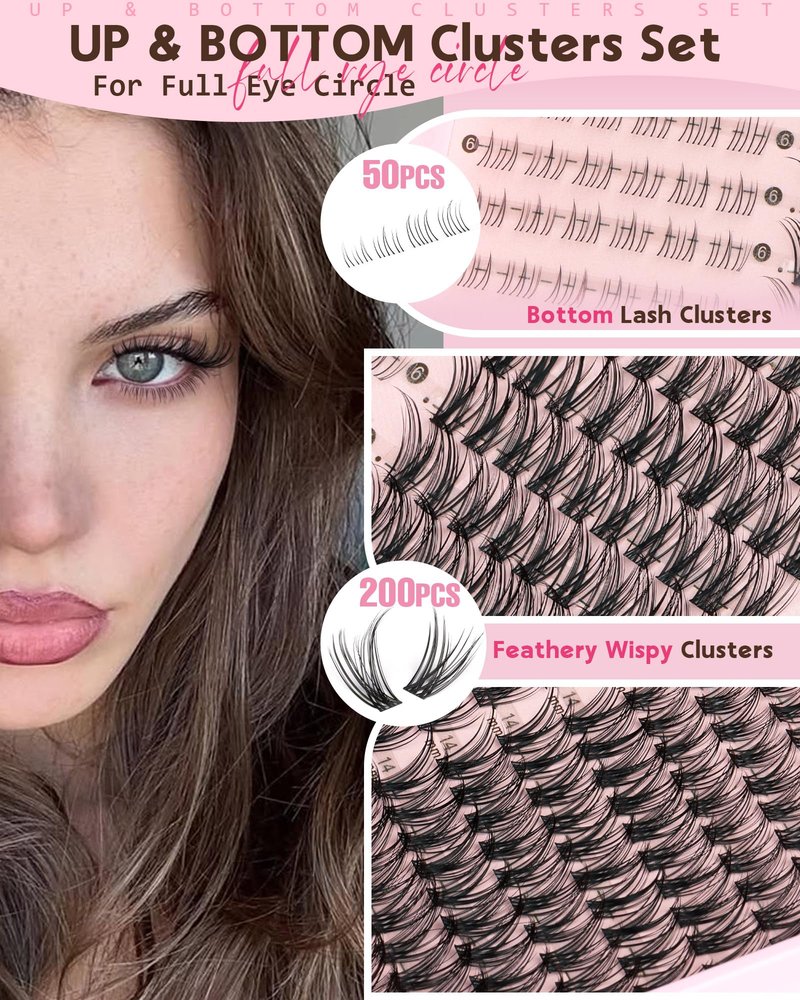 Goddvenus 250Pcs Natural Lash Clusters Kit Cluster Eyelash Extensions Kit Wispy DIY C Curl Individual Lashes Clusters With Bottom Eyelashes