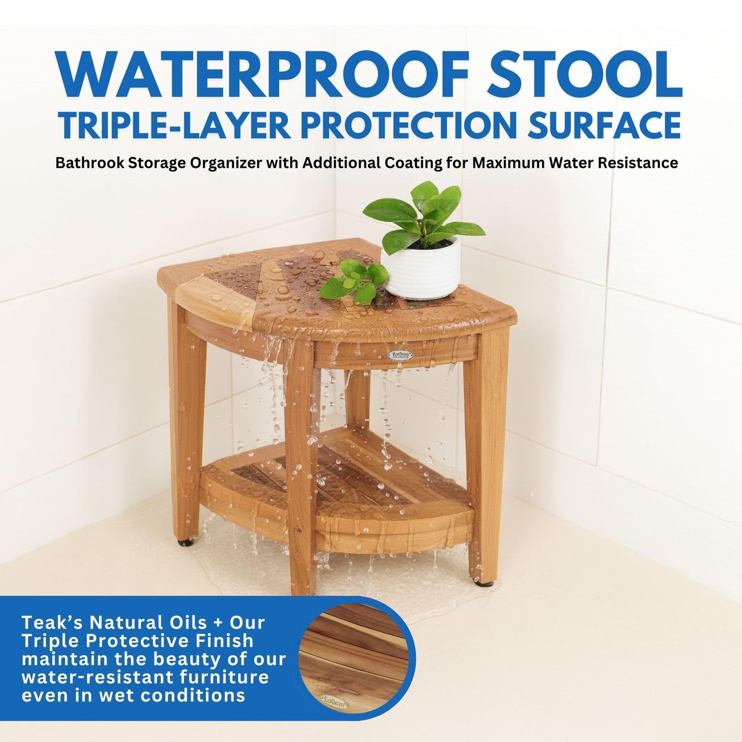EcoDecors Corner Teak Shower Bench with Shelf – 16” x 18" Height- Teak Shower Stool with Shelf, Waterproof, 350lb Capacity Non-Slip | for Inside Shower | Tool-Free Assembly | Aging in Place