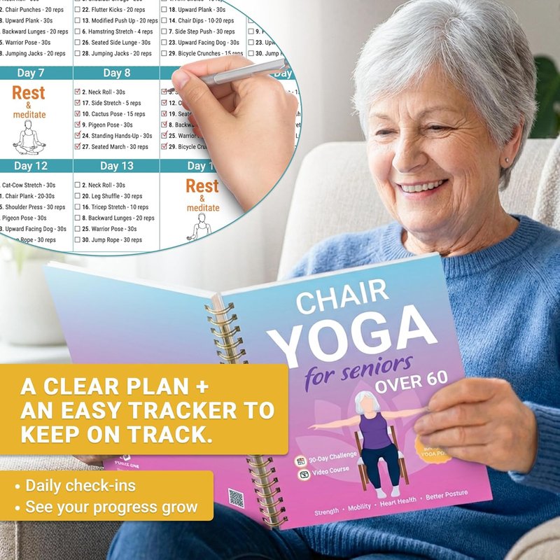 POCAZONE Chair Yoga for Seniors Over 60 Book and Chart, 30 Poses with Video Guide, Spiral Bound, Large Print, 30-Day Laminated Chart, Seated Exercises for Weight Loss, Flexibility