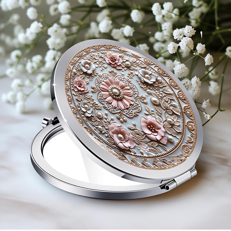 Silver Compact Mirror, 2.8x2.8inch Double-Sided Folding Makeup Mirror with Pink Floral Relief Design, Ideal Gift for Women