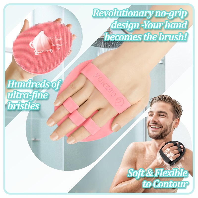 GEENOA Upgrade Silicone Body Scrubber with Straps, 360° Anti-Slip & Enlarged Exfoliating Shower Scrubber for Rich Foaming Deep Cleaning, No-Grip & Hand-fit Bath Glove for All Skin Types(Black+Pink)
