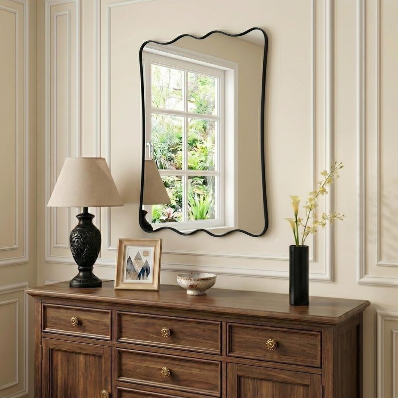 ANDY STAR 24x36 Wavy Rectangle Bathroom Mirror, Matte Black Scalloped Mirror with Curved Design, Irregular Wall Mirror for Vanity, Powder Room, Stainless Steel Frame, Anti-Rust