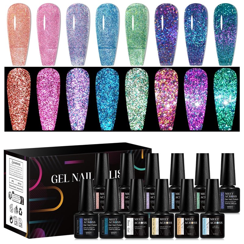 MEET ACROSS 12PCS Gel Nail Polish Set Glitter Gel Polish Pink Blue Purple Green Nail Polish Kit Soak Off Uv/Led Nail Gel DIY Manicure Gift for Her 8 Colors
