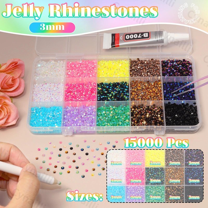 15000Pcs Resin Rhinestones for Bedazzling Kit, 3mm Bedazzler Kit with Flatback Rhinestones, Multicolor Flatback Jelly Gems for Crafting Book Crafts Tumblers Fabric Nail Art Makeup