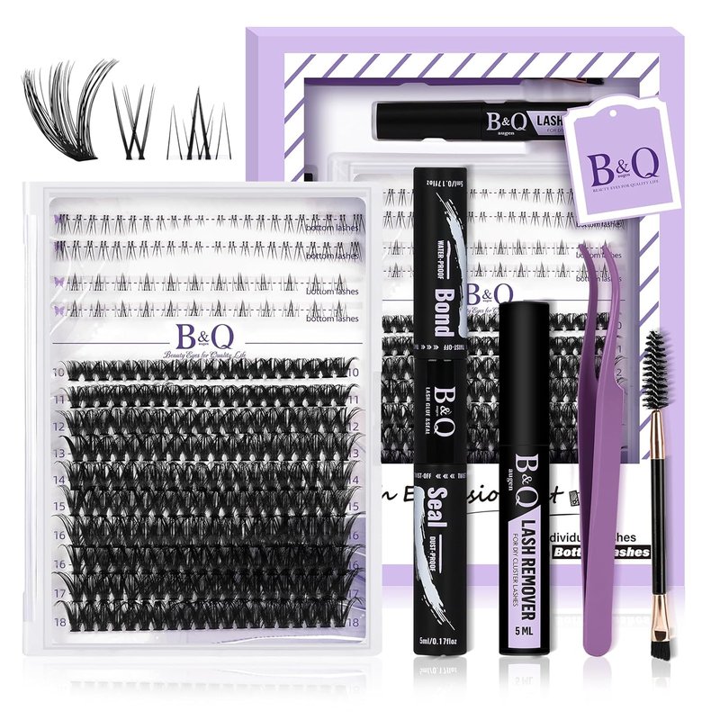 Eyelash Extension Kit - 50D D Curl Lash Clusters with Bottom Lashes | DIY 10-18mm Applicator Set