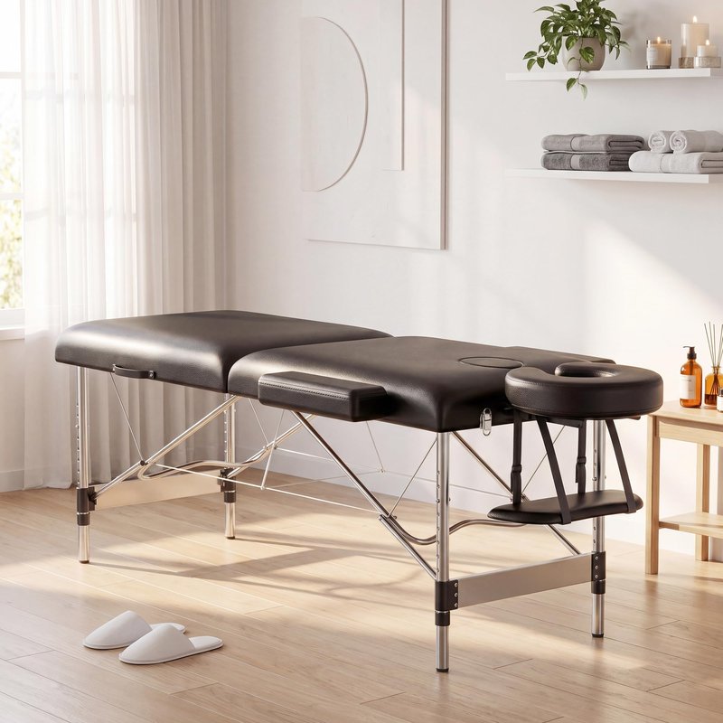 Brelley Massage Table Portable, 2-Fold Lash Bed with Side Pocket, Adjustable Height, Sturdy Aluminum Frame, Esthetician Spa Facial Tattoo Bed with Face Cradle & Carrying Bag, Black