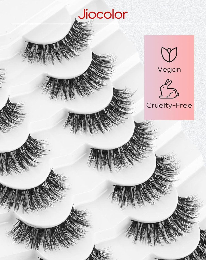 Jiocolor 3D Faux Mink Lashes - Natural Looking Short Wispy Eyelashes | 14mm, 7 Pairs Fluffy Pack