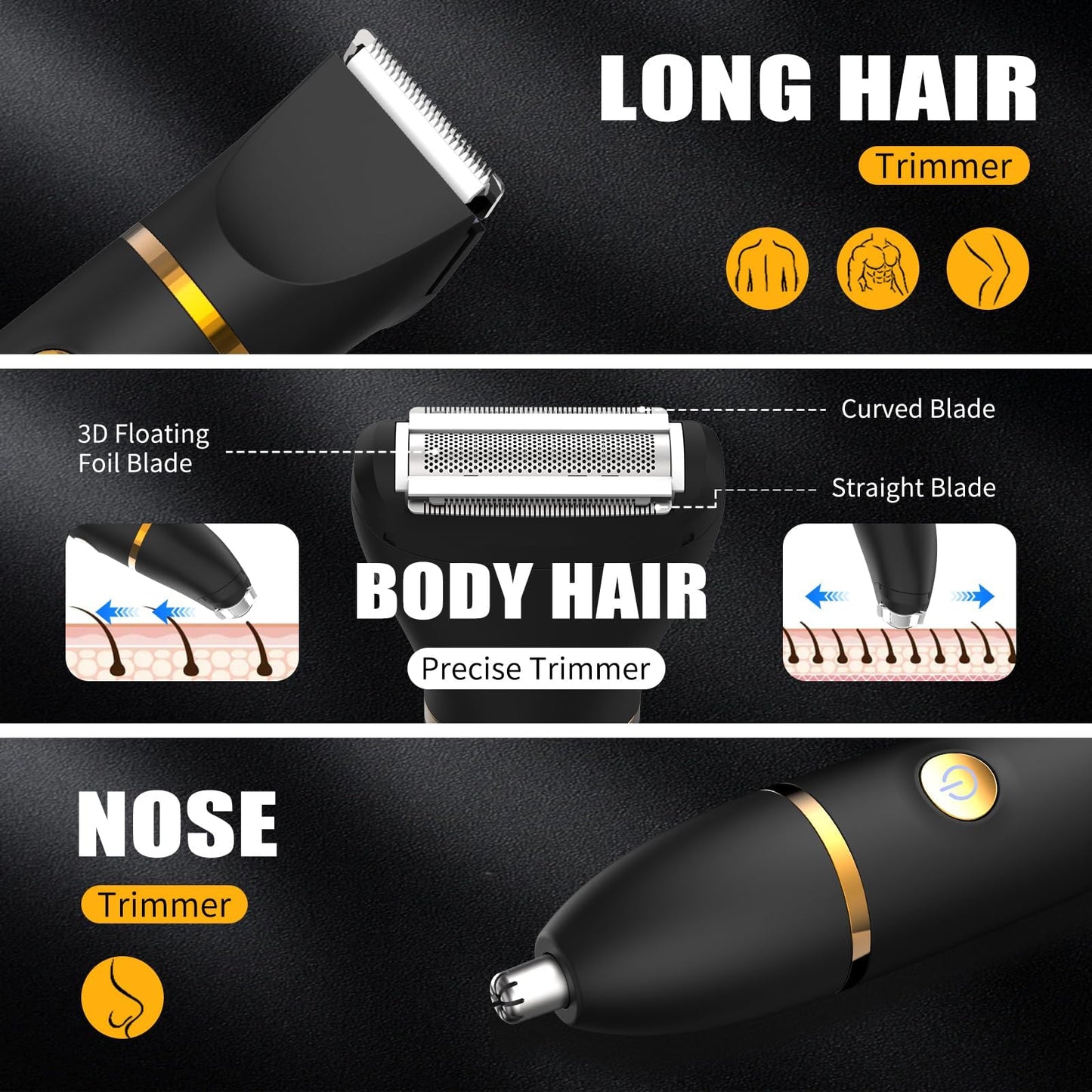 Qreeyx Manscape Body Trimmer for Men, 3 in 1 Men's Grooming Kit with Pubic/Nose Hair Trimmer & Ball Shaver for Nose/Balls/Groin/Legs/Chest Hair Removal, LED Display, IPX6 Waterproof, Gifts for Him Dad