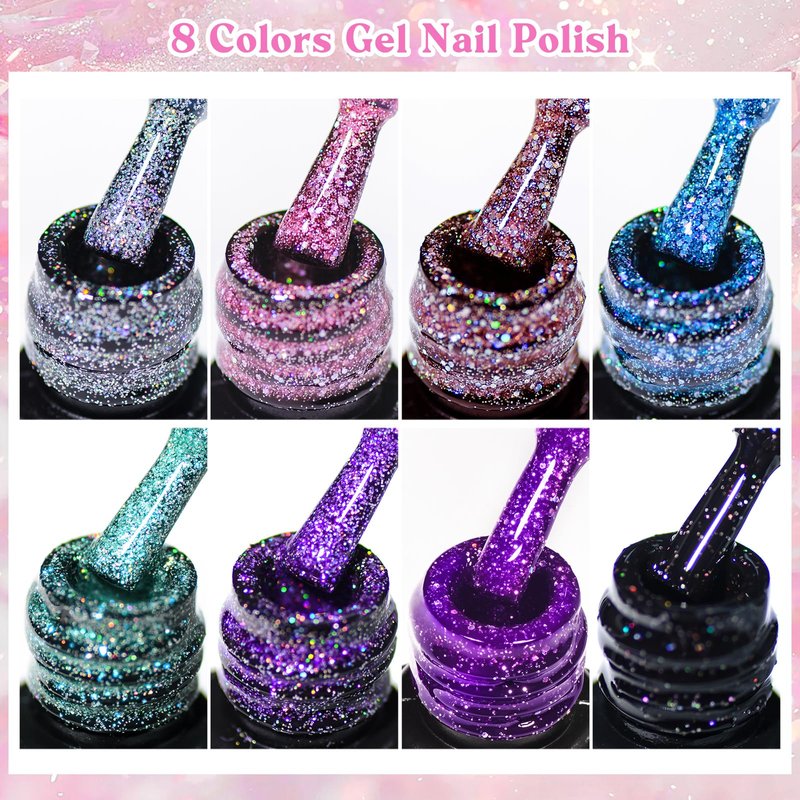 MEET ACROSS Glitter Gel Nail Polish Set for Nails 8 Colors Including Sparkly Shiny UV LED Soak Off Black Purple Pink Blue Gel Polish Kit Home DIY Manicure Nail Salon Varnish