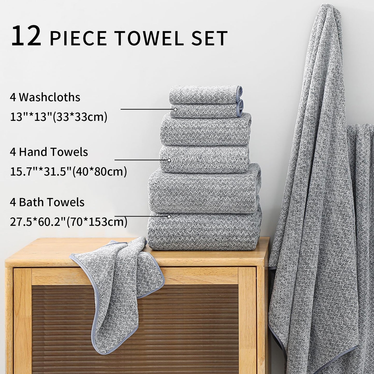 Ultra Soft Bath Towel Set,12 Piece (4 Bath Towels,4 Hand Towels,4 Washcloths) Family Bathroom Towels Set with Hanging Loop,Quick Dry Extra Absorbent Shower Towel for Bathroom,Hotel,Spa-Dark Gray