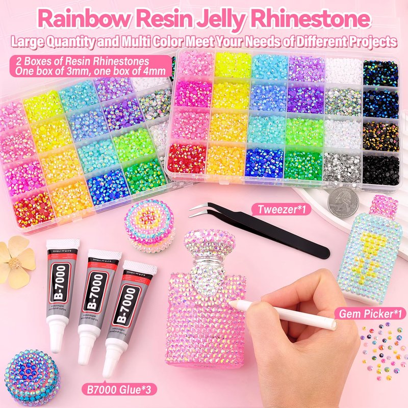 30000Pcs Resin Rhinestones for Bedazzling Kit, 2 Boxes Multicolor 3mm&4mm Bedazzled Crystal, Flatback Gems with 3Pcs 10ml B7000 Jewelry Glue for DIY Crafts Clothing Nail Art Makeup