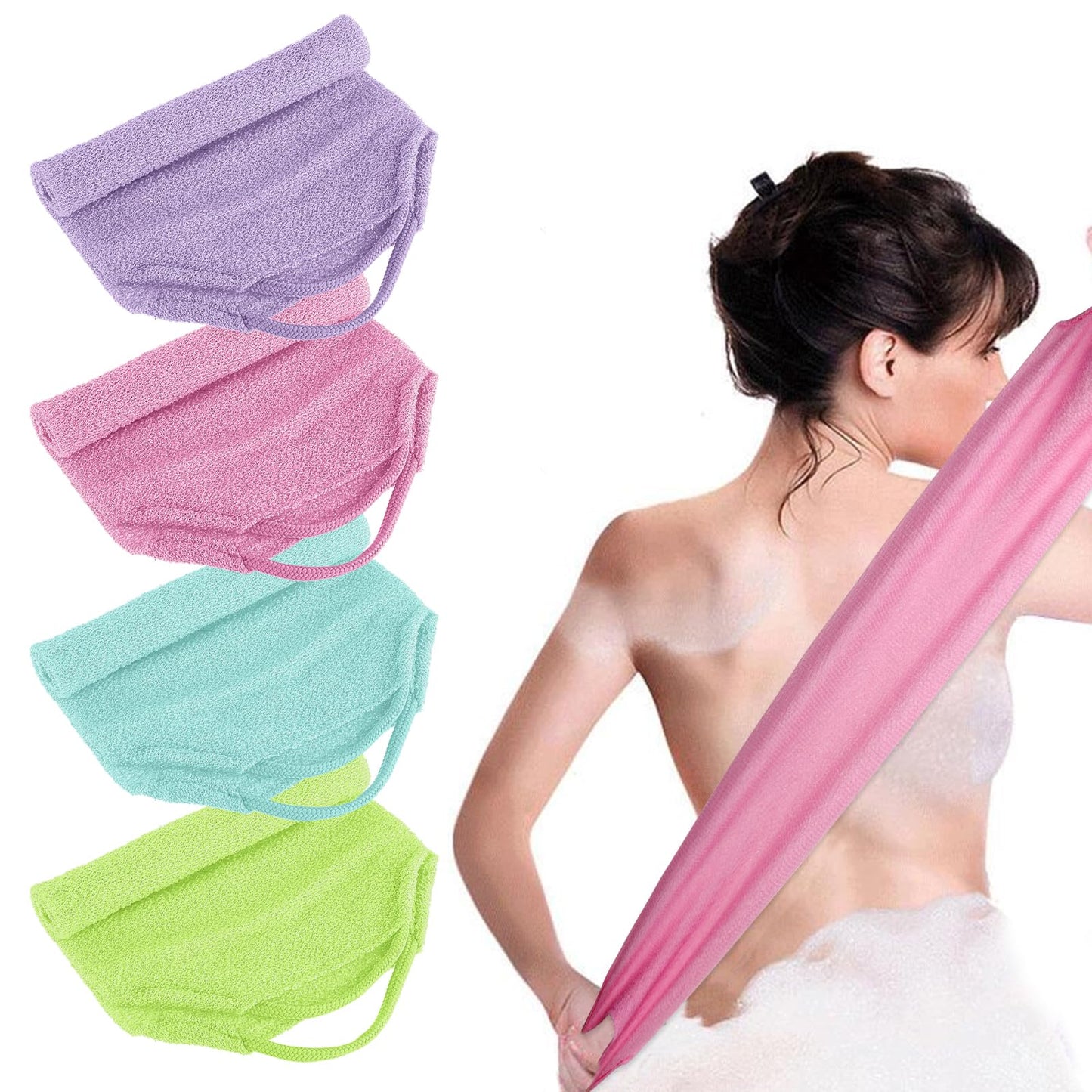 4pcs Exfoliating Back Washers Scrub with Handles Japanese Body Scrubber Cloth Towel for Shower Nylon Back Exfoliator Extended Washers Stretchable Body Bath Pull Strap for Cleans Skin Massages