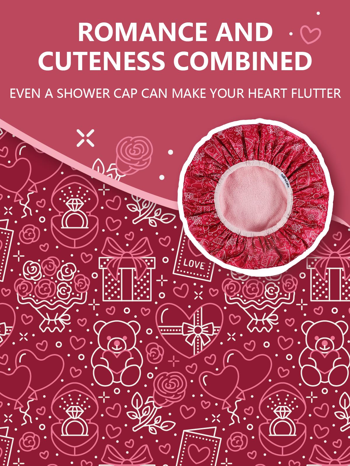 Years calm Terry Lined Shower Cap, Triple Layer Heart Motifs,Waterproof Reusable Elastic,Hair Shower Cap for Women,Terry Cloth Shower Caps for Spa,Clean,Trave (Red, One Size)
