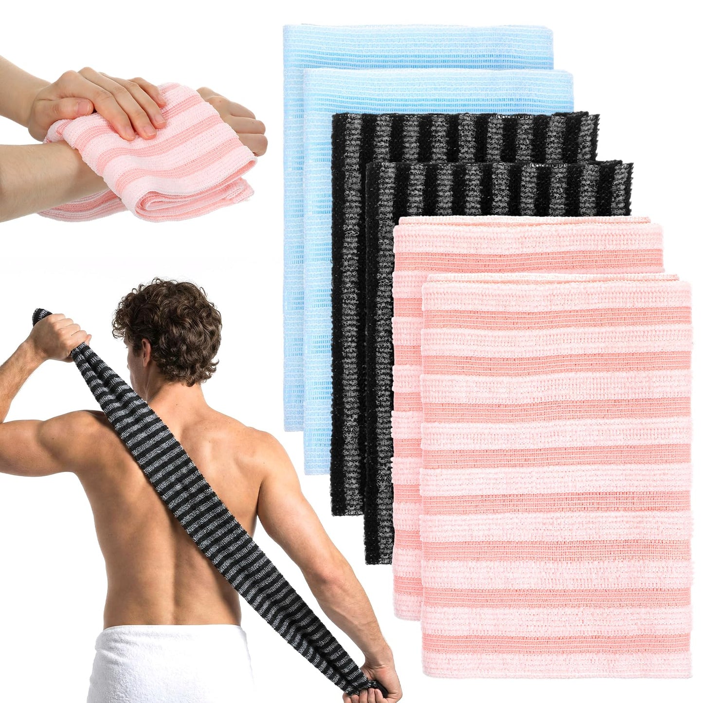 Exfoliating Shower Towel, 38 Inches Scrub Towels for Shower Exfoliating, Stripes Showers Towel for Smooth and Soft Skin (3 Colors, 6 Pcs)
