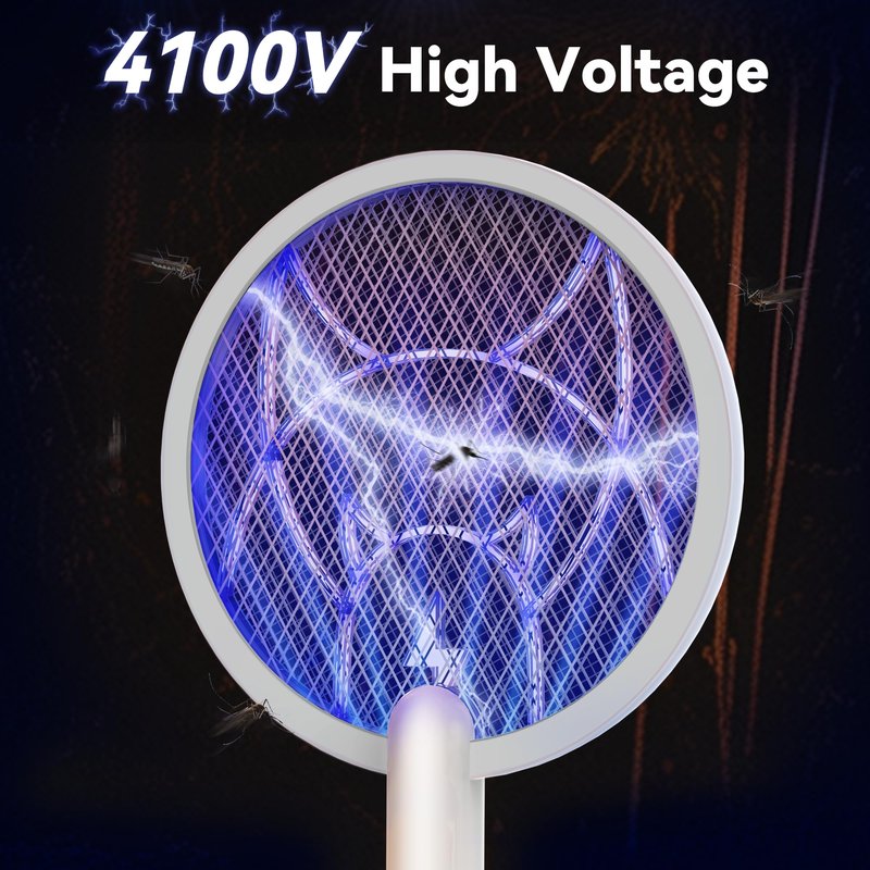 Nymrix Electric Fly Swatter Racket, 2 in 1 Mosquito Bug Zapper 4100V Handheld Mosquito Killer with 1800 mAh Rechargeable Battery, Purple Light and 3-Layer Safety Mesh for Indoor Outdoor Grey