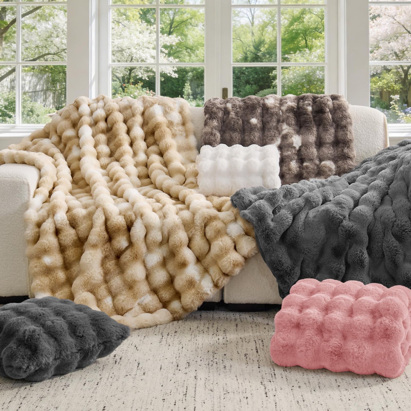 BEDELITE Faux Fur Pink Throw Blanket, Soft Cozy Plush Bubble Blanket for Couch Sofa Bedroom Living Room Decor - 870GSM Thick Warm Fuzzy Fluffy Faux Rabbit Fur Blanket for Women Gift, 50x60 Inches