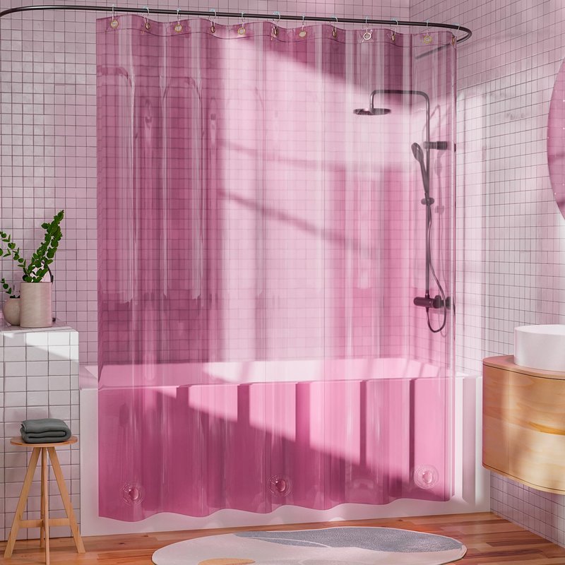AmazerBath Pink Clear Shower Curtain Liner for Valentines, 100% EVA Soft Heavy Duty Shower Curtain and Liner 2-in-1, 72x72 Luxury Plastic Weighted Shower Liner Bathroom