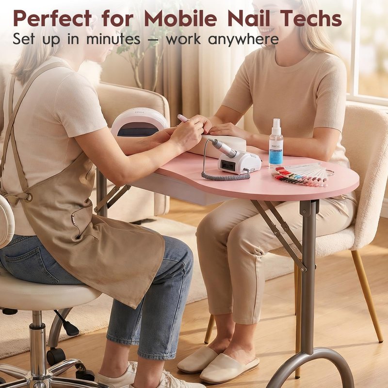 CHAOEEMY Portable Nail Desk,Foldable Manicure Table for Nail Tech,Rolling Nail Tech Desk with Drawer,Travel Bag,Pink