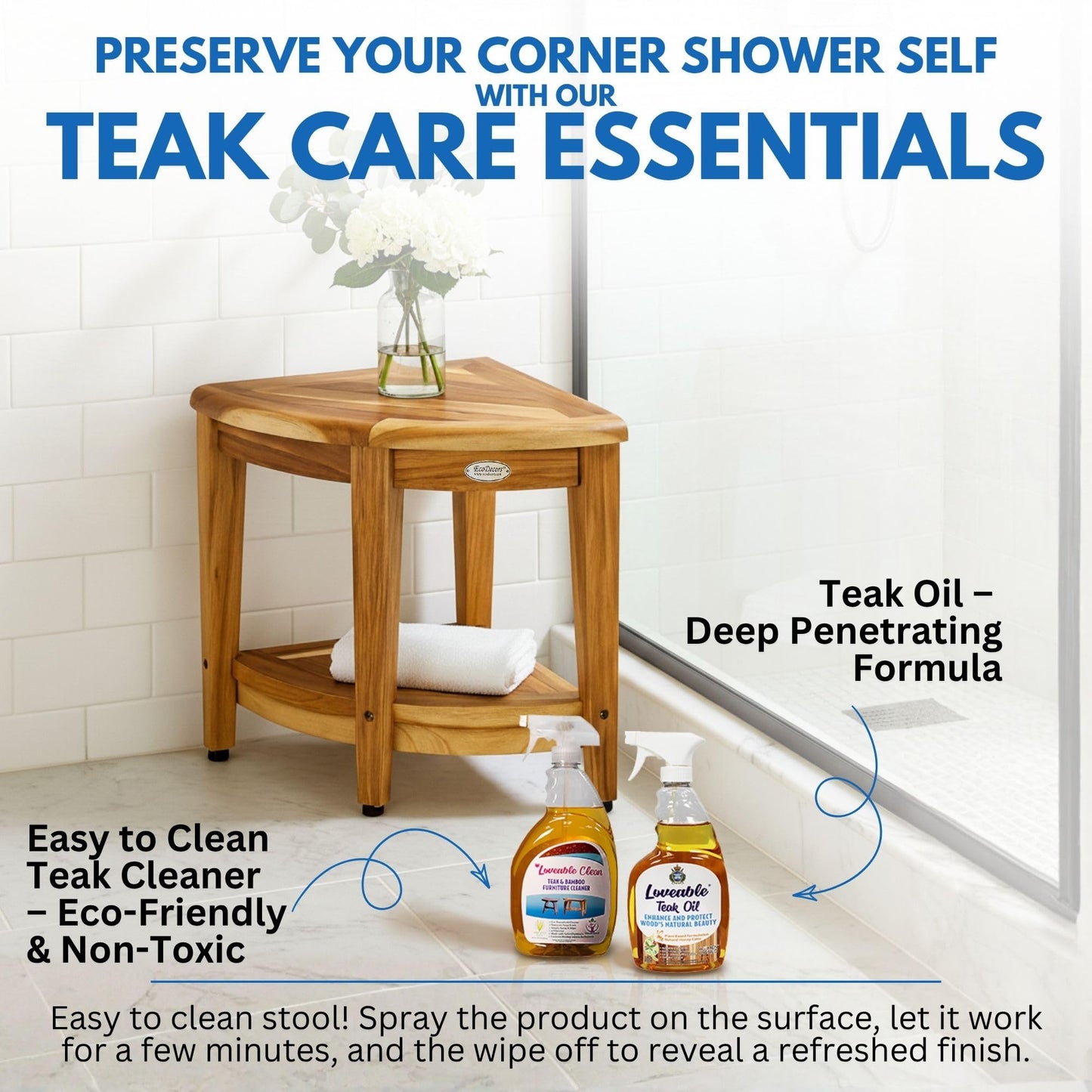 EcoDecors Corner Teak Shower Bench with Shelf – 16” x 18" Height- Teak Shower Stool with Shelf, Waterproof, 350lb Capacity Non-Slip | for Inside Shower | Tool-Free Assembly | Aging in Place