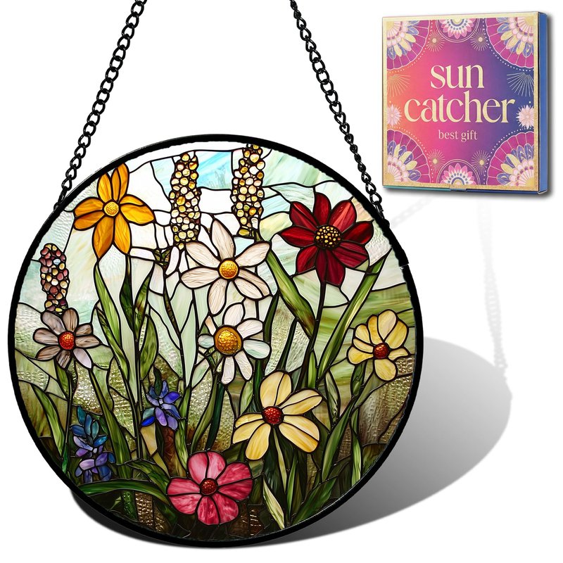 Birthday Gifts for Women - Wildflowers Faux Stained Glass Window Hanging Sun Catcher for Door Garden Acrylic Decor Mother's Day Christmas for Mom Nana Grandma Sisters Wife 7.8"