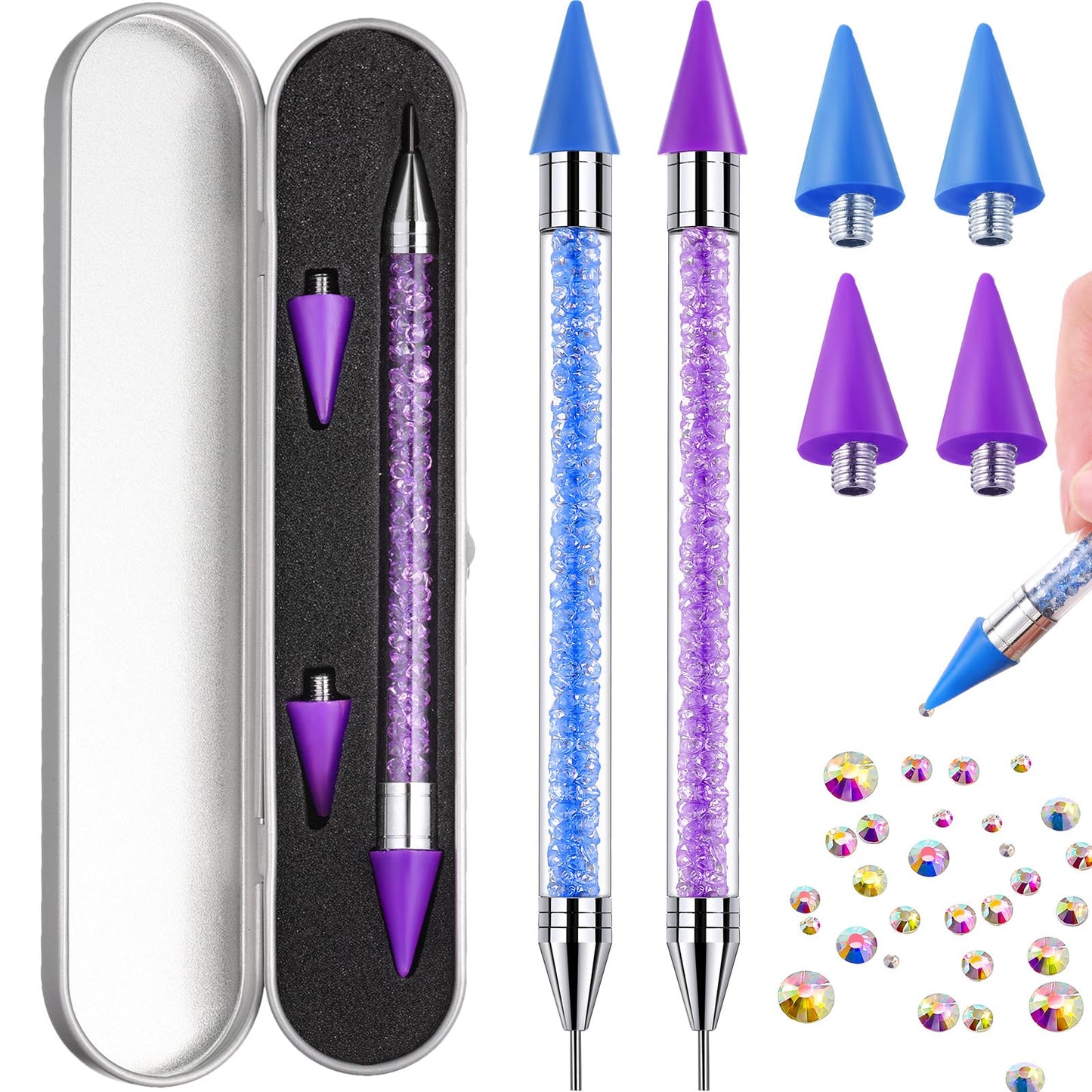 Tatuo 2 Pcs Nail Rhinestone Picker Tool Dual Ended Wax Pen Gem Picker Tool Dotting Pen for Nail Art DIY Rhinestones Dotting Gems Stones Crystals and Charms(Purple, Blue)
