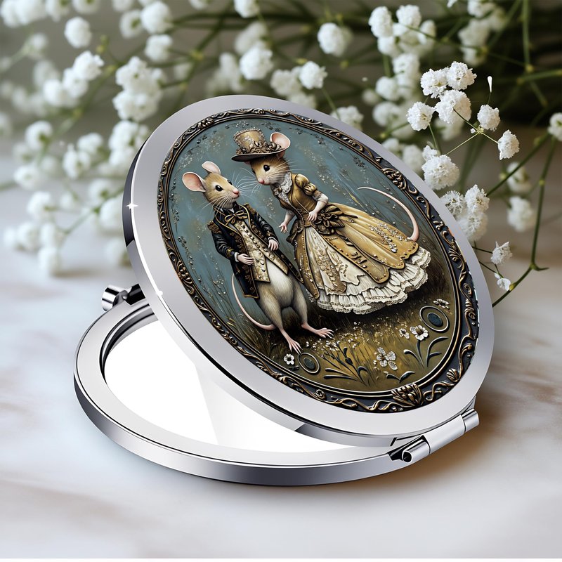 Silver Compact Mirror, 2.8x2.8inch Double-Sided Folding Makeup Mirror with Victorian Gentleman Mice Design, Ideal Gift for Women