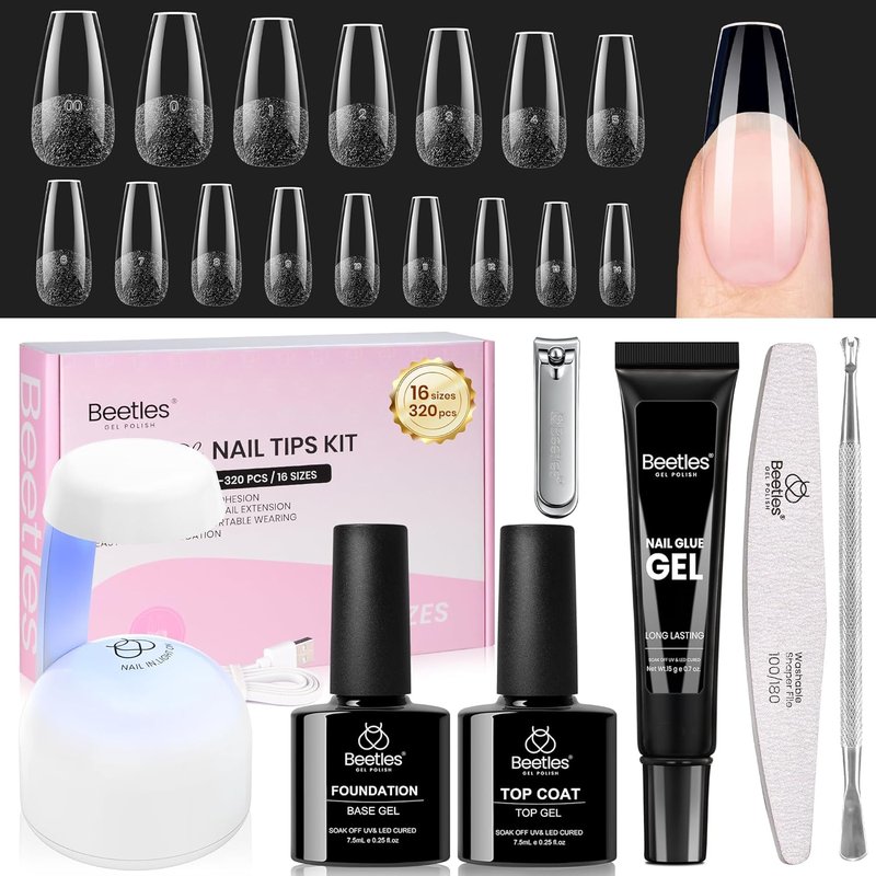 Beetles Gel Nail Kit - Coffin Medium 320pcs Nail Tips with 15g Glue Gel & Mini Lamp | DIY Acrylic Set