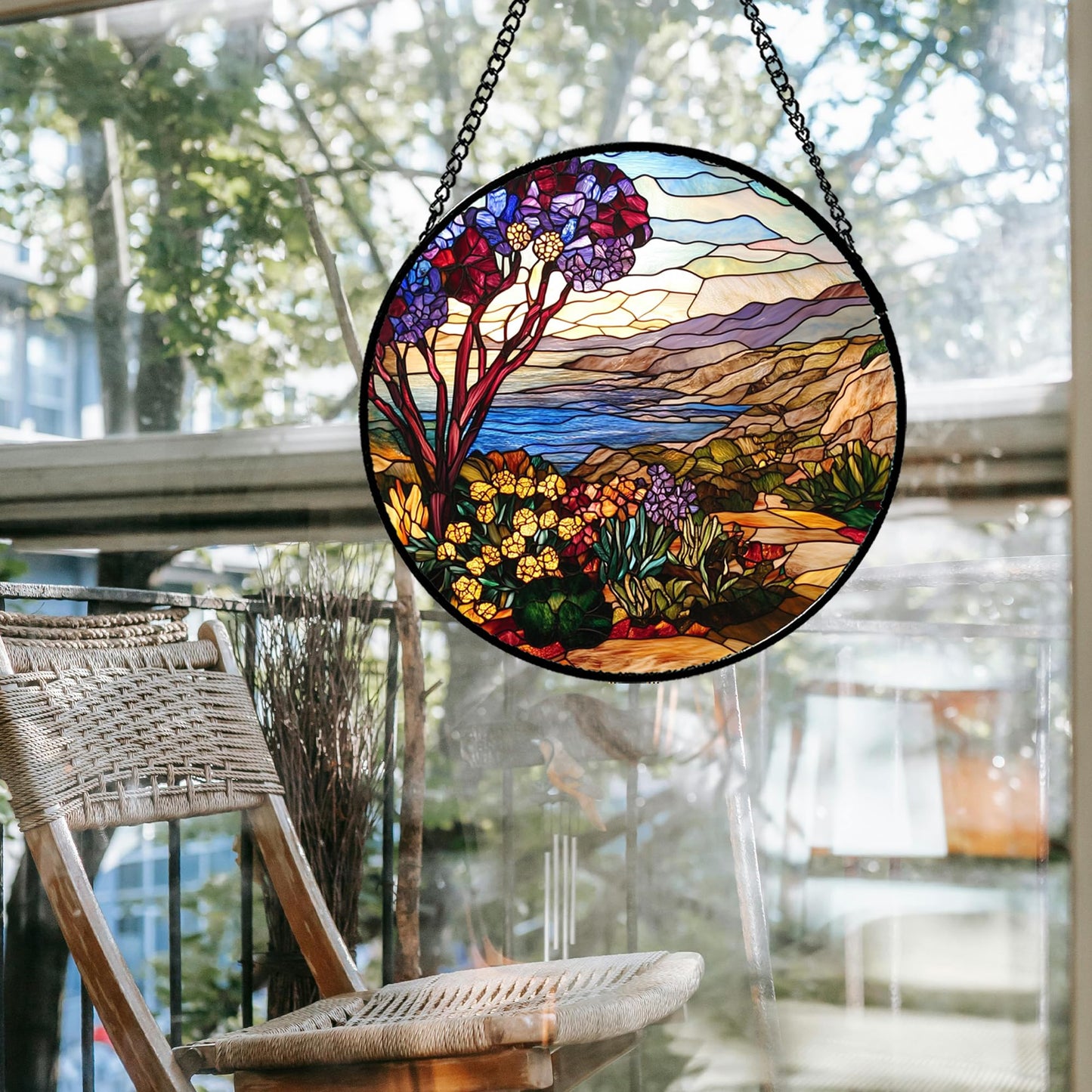 QZQCBLC Stained Glass Window Hanging Retro Wildflowers Lake Mountain Scenery 6.3" - Suncatcher Door Garden Sun Catcher Home Decor Birthday Christmas for Mom Men Woman Friend