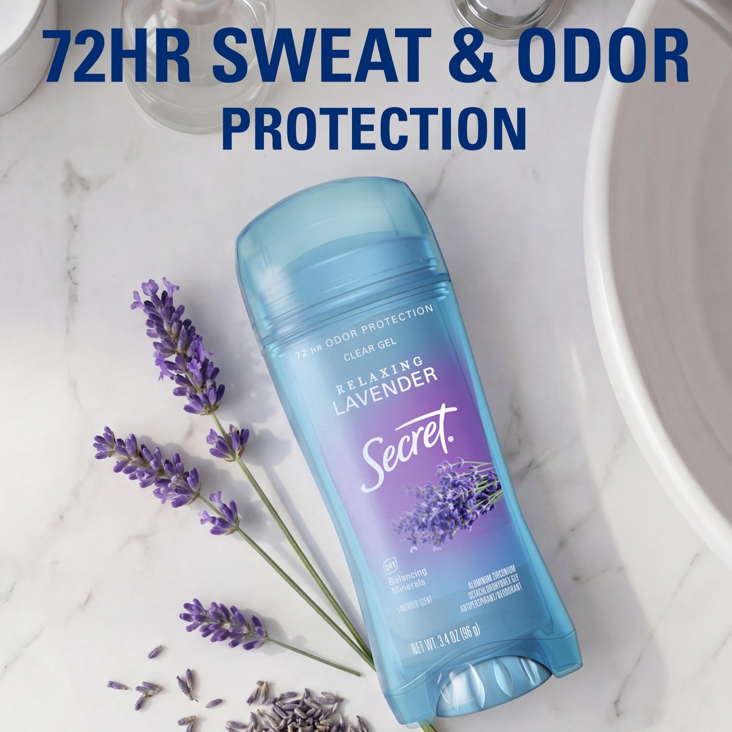 Secret Fresh Antiperspirant Deodorant for Women, 72hr Breathable Sweat & Odor Protection, Instant Freshness & Gentle, PH Balancing Minerals, Clear Gel, Relaxing Lavender Scent, 3.4 oz