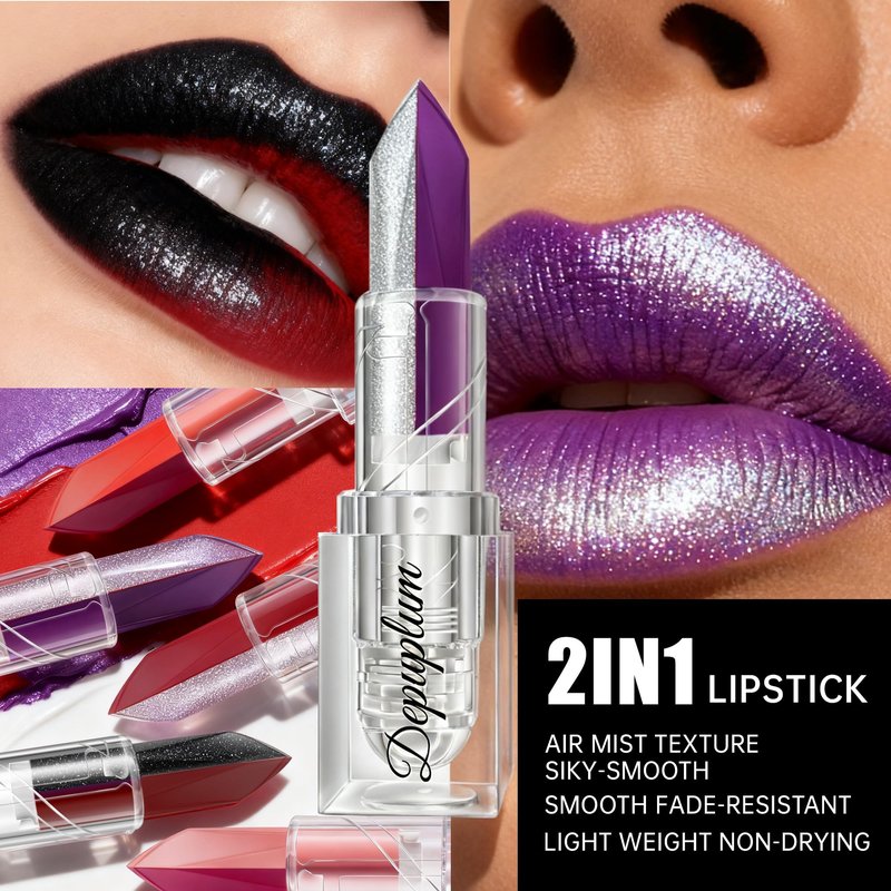 Depuplum 2 in 1 Dark Red Matte Lipstick Glitter Silver Lipstick Dual Sided Waterproof Lipsticks for Women One Stroke Two-Tone Long Lasting Lip Stick for Mother's Day,DU-Q9