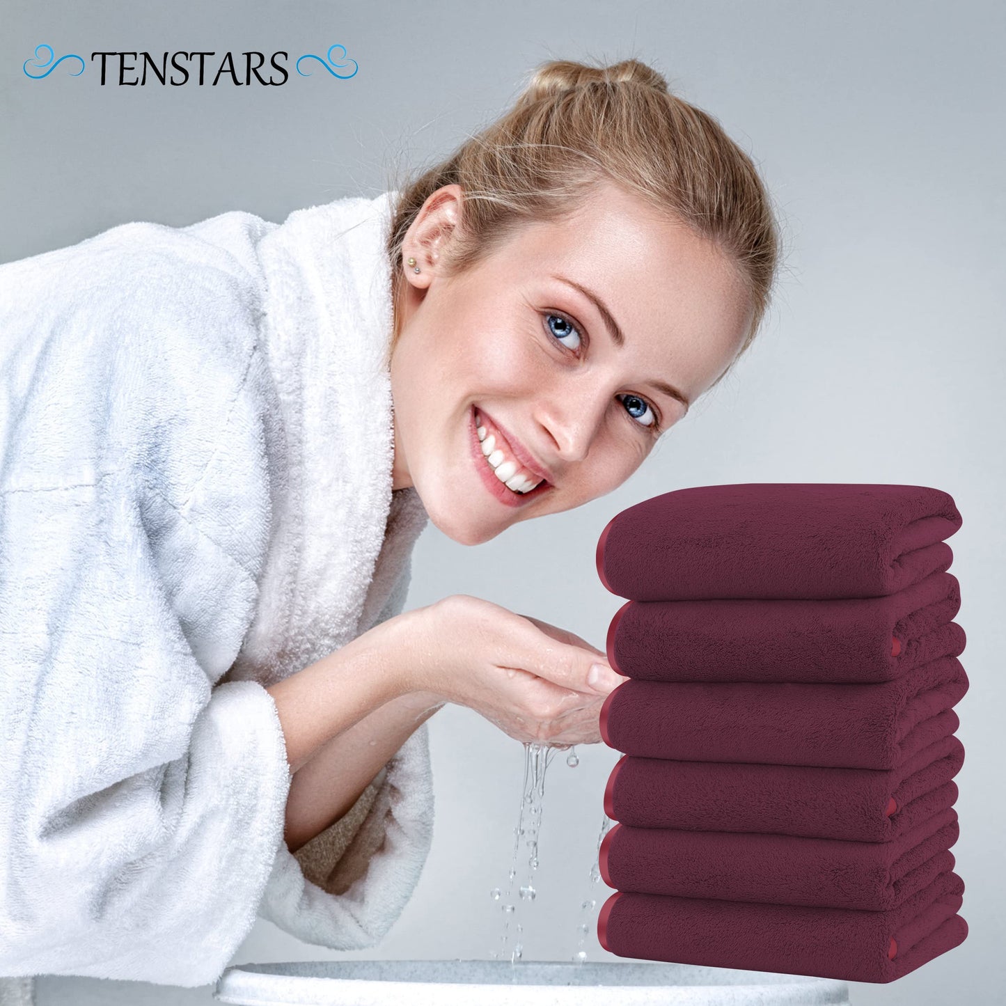 TENSTARS Silk Hemming Hand Towels for Bathroom - Quick Drying - Ultra Soft Microfiber Absorbent Towel for Bath Fitness, Gym, Shower, Hotel, and Spa - 16x28 Inch | Set of 6, Burgundy