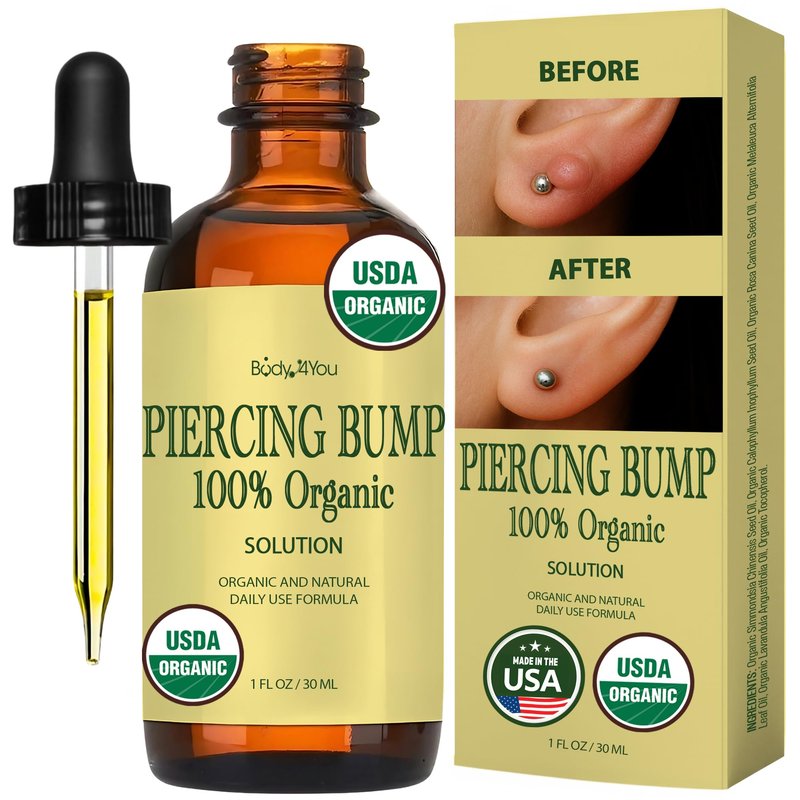 BodyJ4You Organic Piercing Bump Oil - USDA Certified Pure Oils Blend - Piercing Aftercare Nose Septum Belly Ear Cleaner Soothing Skin Recovery Solution - Amber Glass Dropper 1 Fl Oz