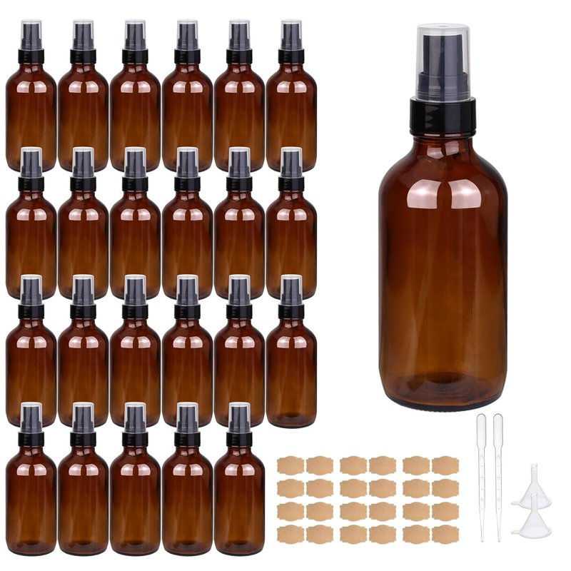 Amber Glass Spray Bottles - 4oz Fine Mist Refillable Containers | Set of 24 for Oil, Perfume, Body Sprays