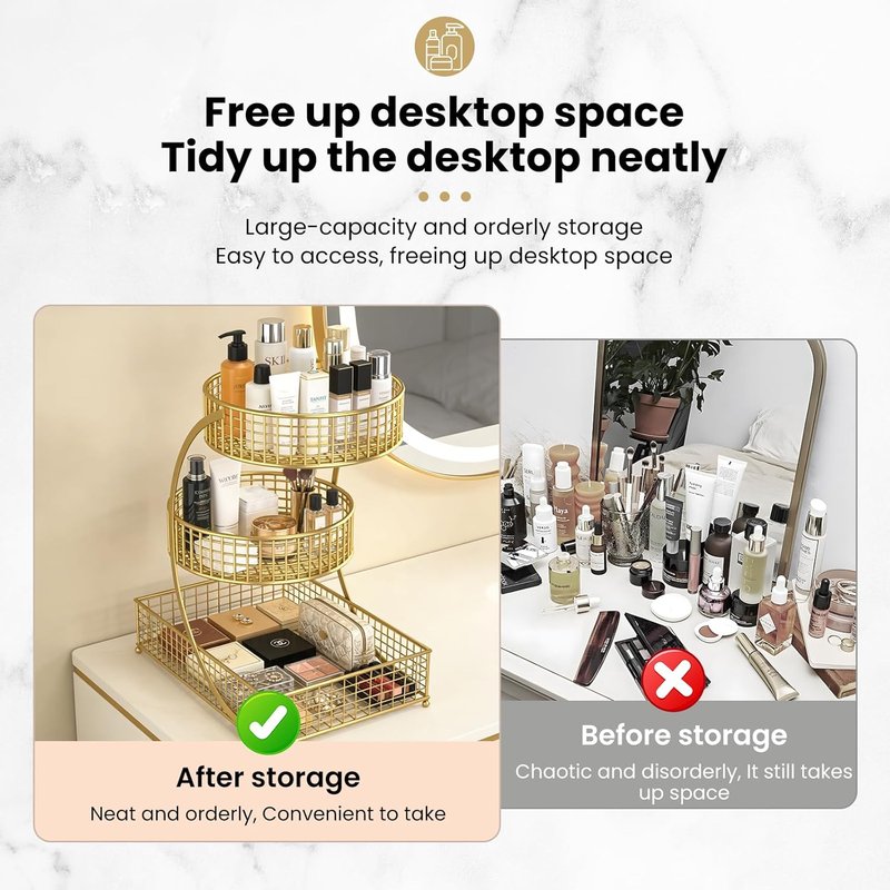 BCWW Makeup Organizer - 3-Tier Countertop Storage for Cosmetics & Skincare | Elegant Gold Finish