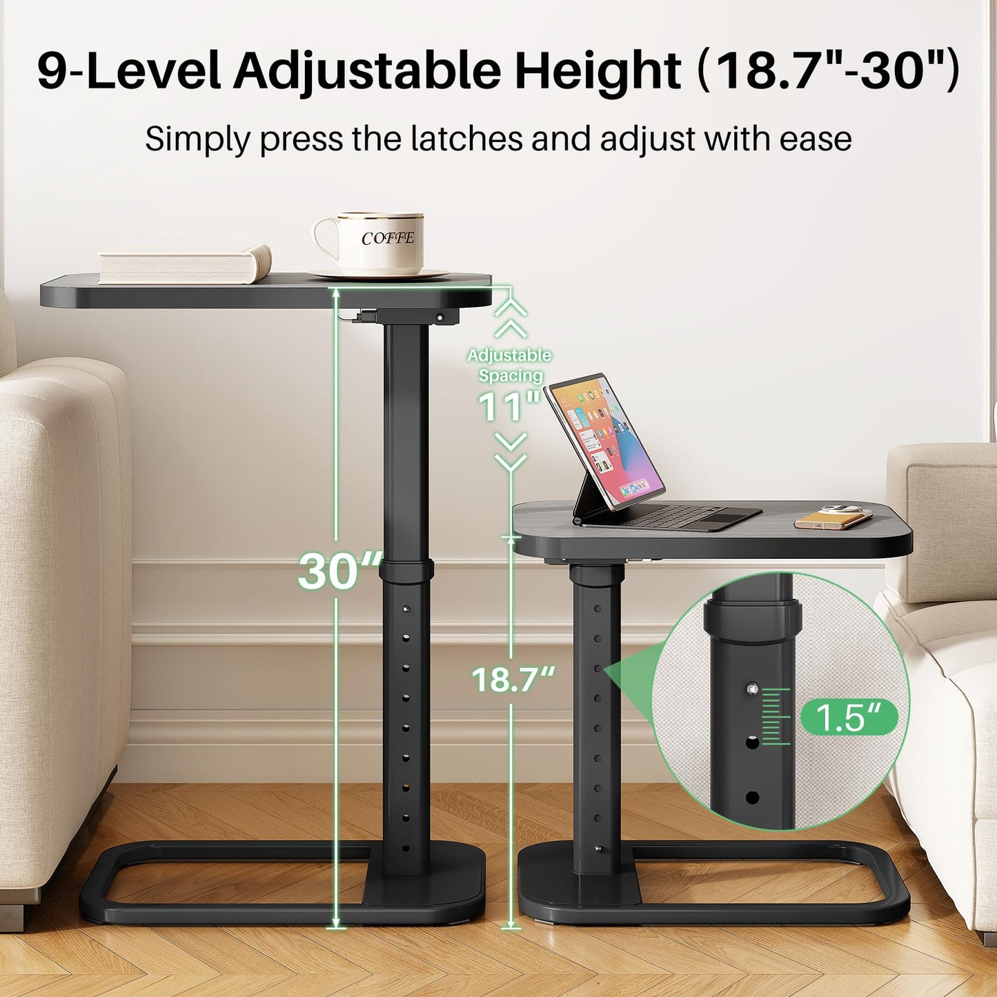 Kitstorack Upgraded TV Tray Table with Panel Lock, 90° Flip-Over Design & Adjustable Height, Sofa Arm Side Table for Eating, Laptop, Couch, Bed, or Small Spaces, Dark Gray