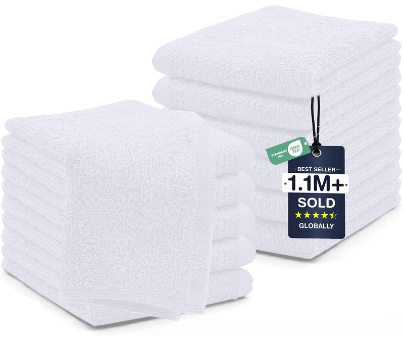DAN RIVER 12 Pack Wash Cloths for Showering [12x12] - 100% Cotton Washcloths Premium Quality Flannel Face Cloths for Bathroom, Highly Absorbent and Soft Feel Wash Clothes, White