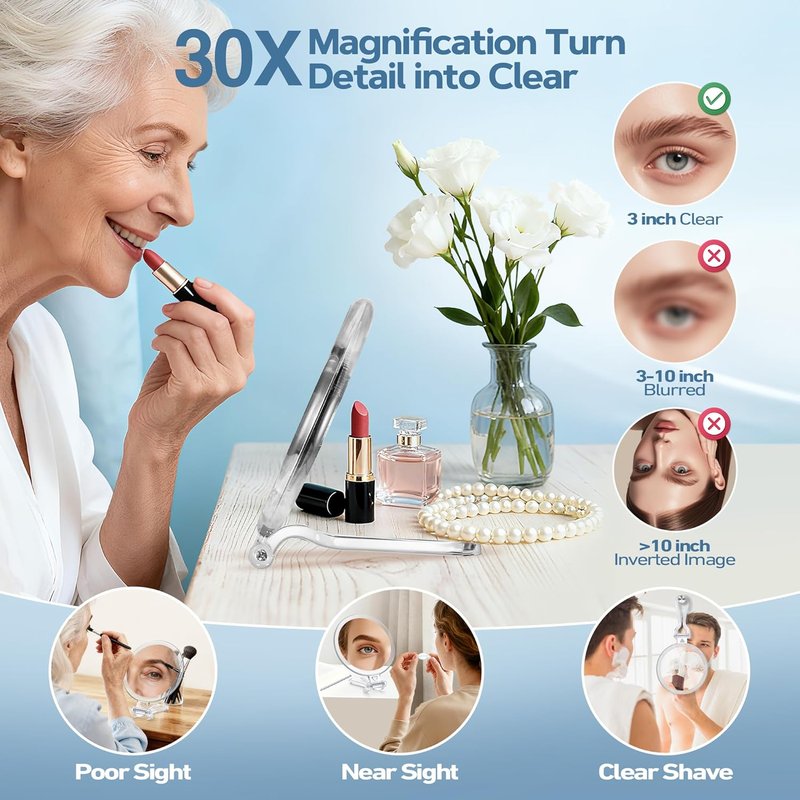 30X Magnifying Travel Mirror - Double-Sided 1X/30X Makeup Hand Mirror | 5 Inches with Handle